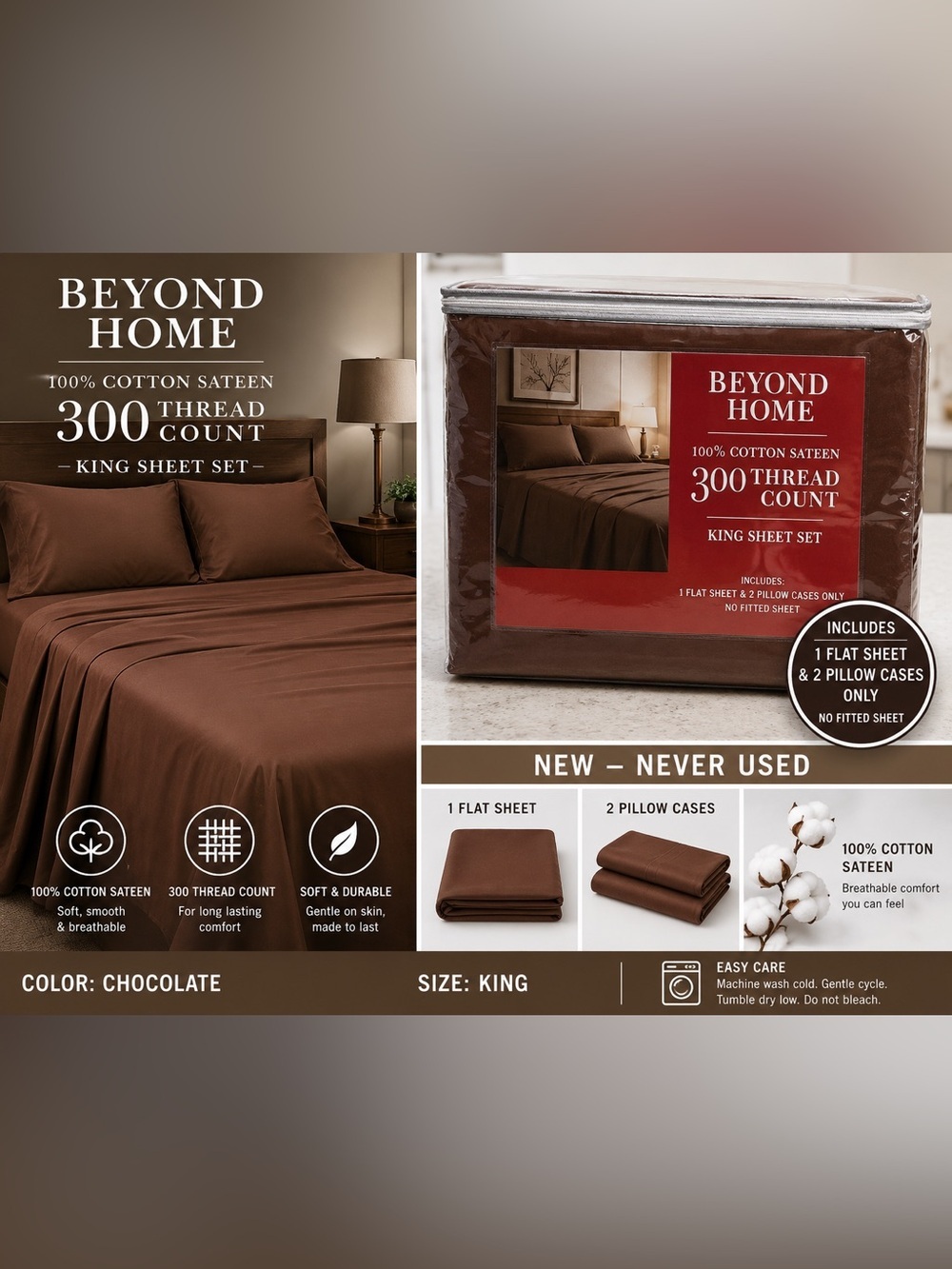 300 TC Cotton Sateen King Sheet- Flat sheet- 2 pillow cases 1 sheet only